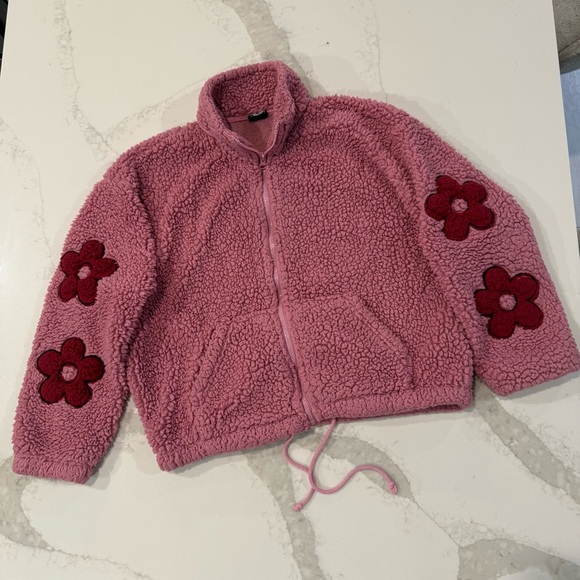 PacSun Jackets & Blazers - PacSun Full Zip Flower Long Sleeve Teddy Sherpa Jacket Women’s XS Pink Cozycore
